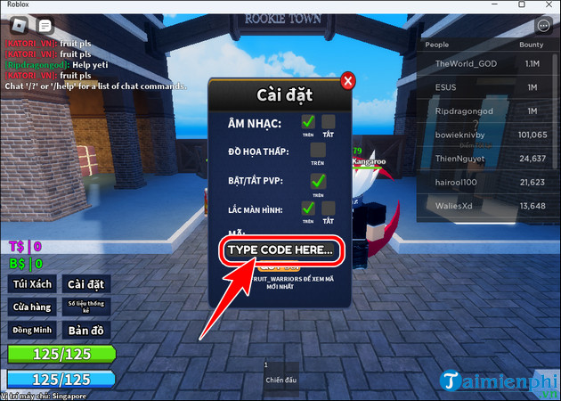 Full Code Chiến binh trái cây Roblox mới nhất và cách nhập Code