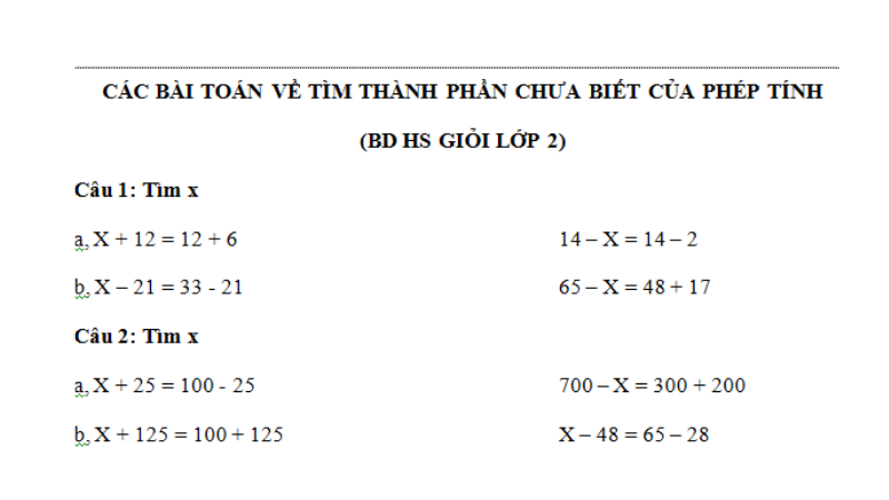 Toán lớp 2 tìm x: lý thuyết và bài tập cơ bản, nâng cao