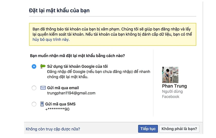 Lấy lại tài khoản Facebook bị hack bằng gmail, số điện thoại